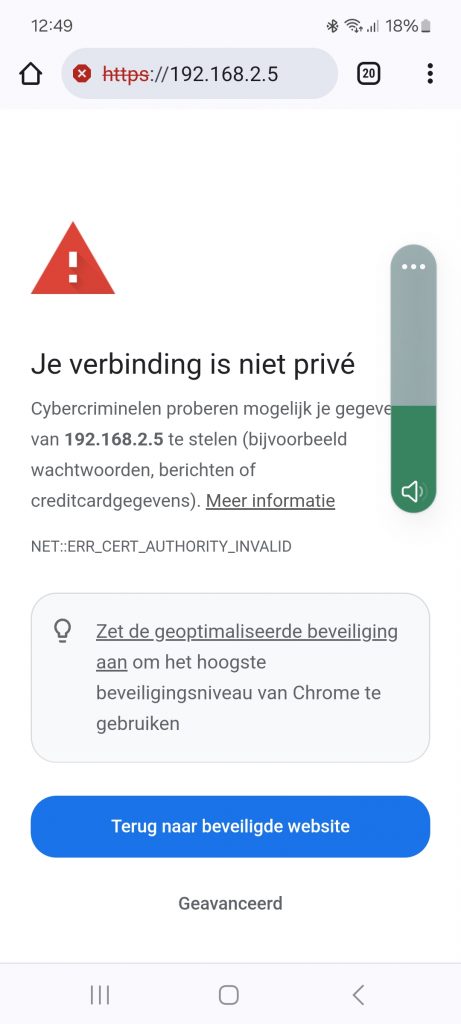 waarschuwingscherm melding verbinding is net prive