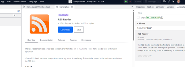 RSS reder in marketplace, download button